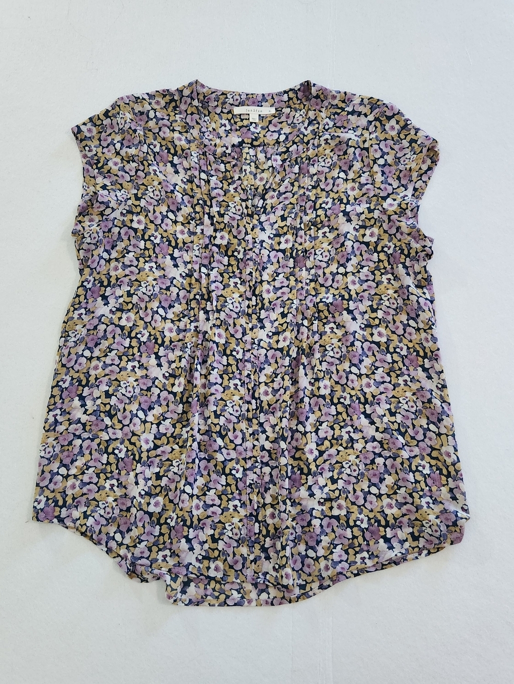 Fun 2Fun Lavender and Yellow Floral Pleated Cap-Sleeve Blouse Size Xlarge